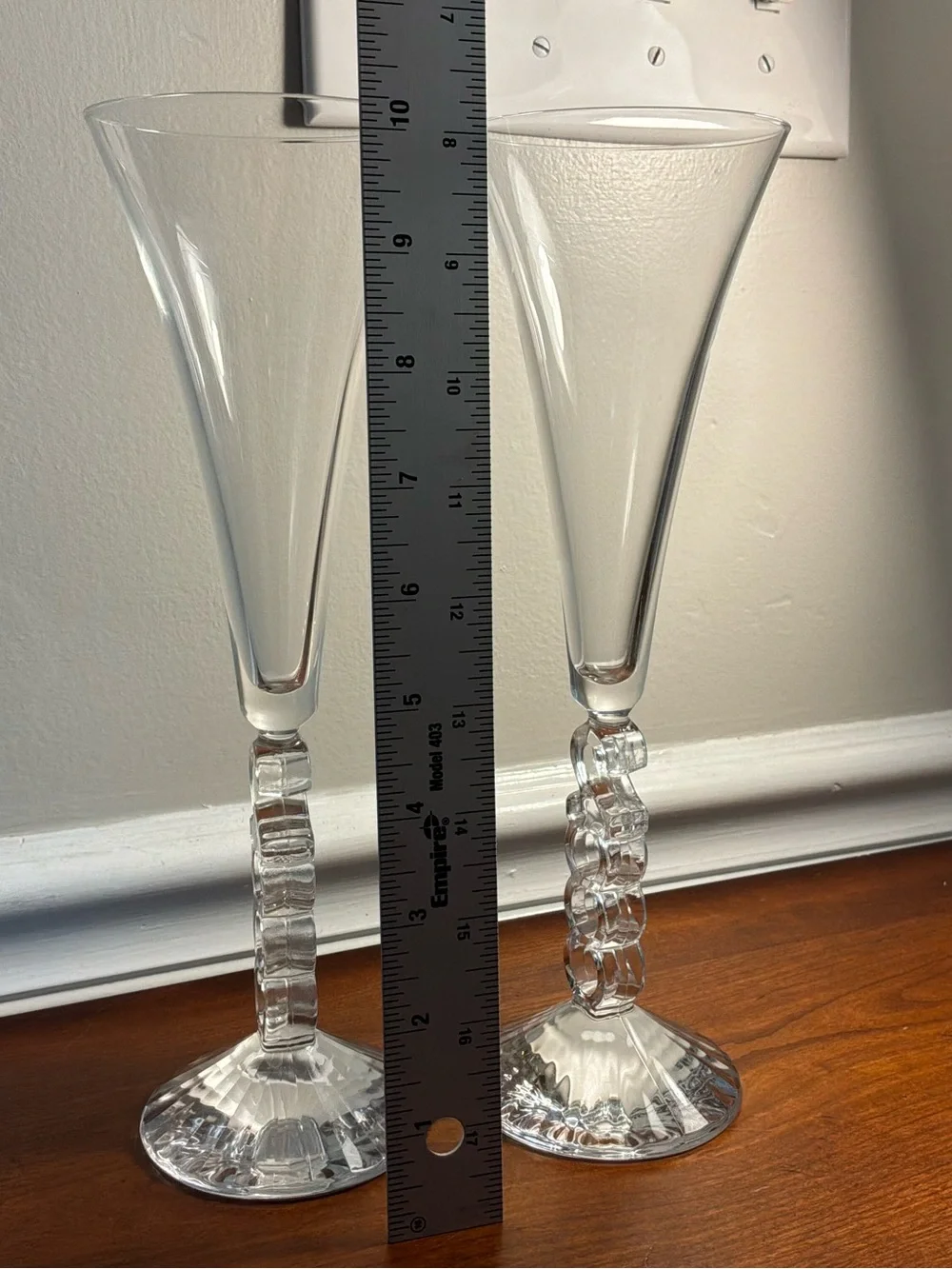 Two Cristal D’Arques Clear Champagne Flutes with Sculpted Loop Stem from 2000